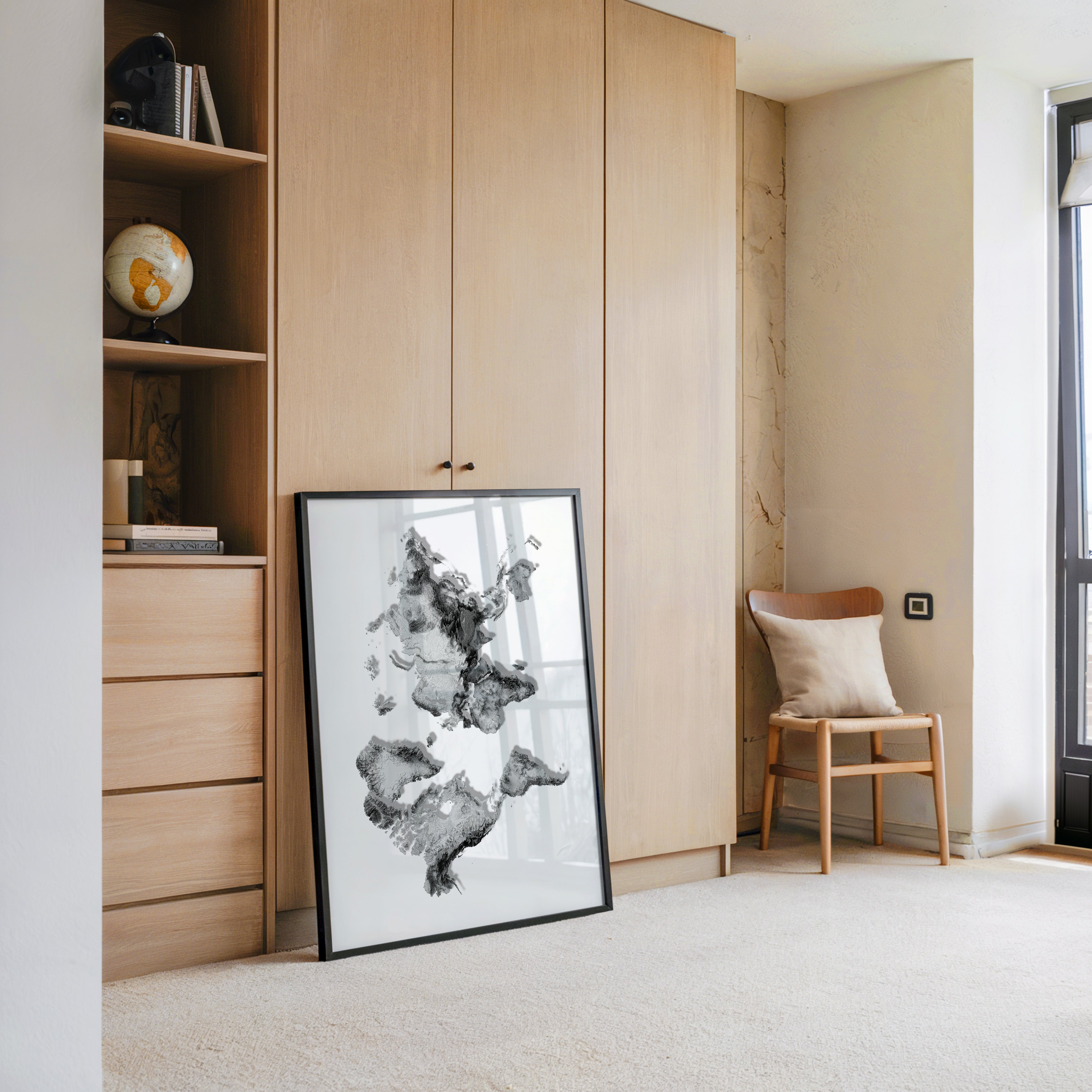 Weltkarte Relief Grau Schwarz