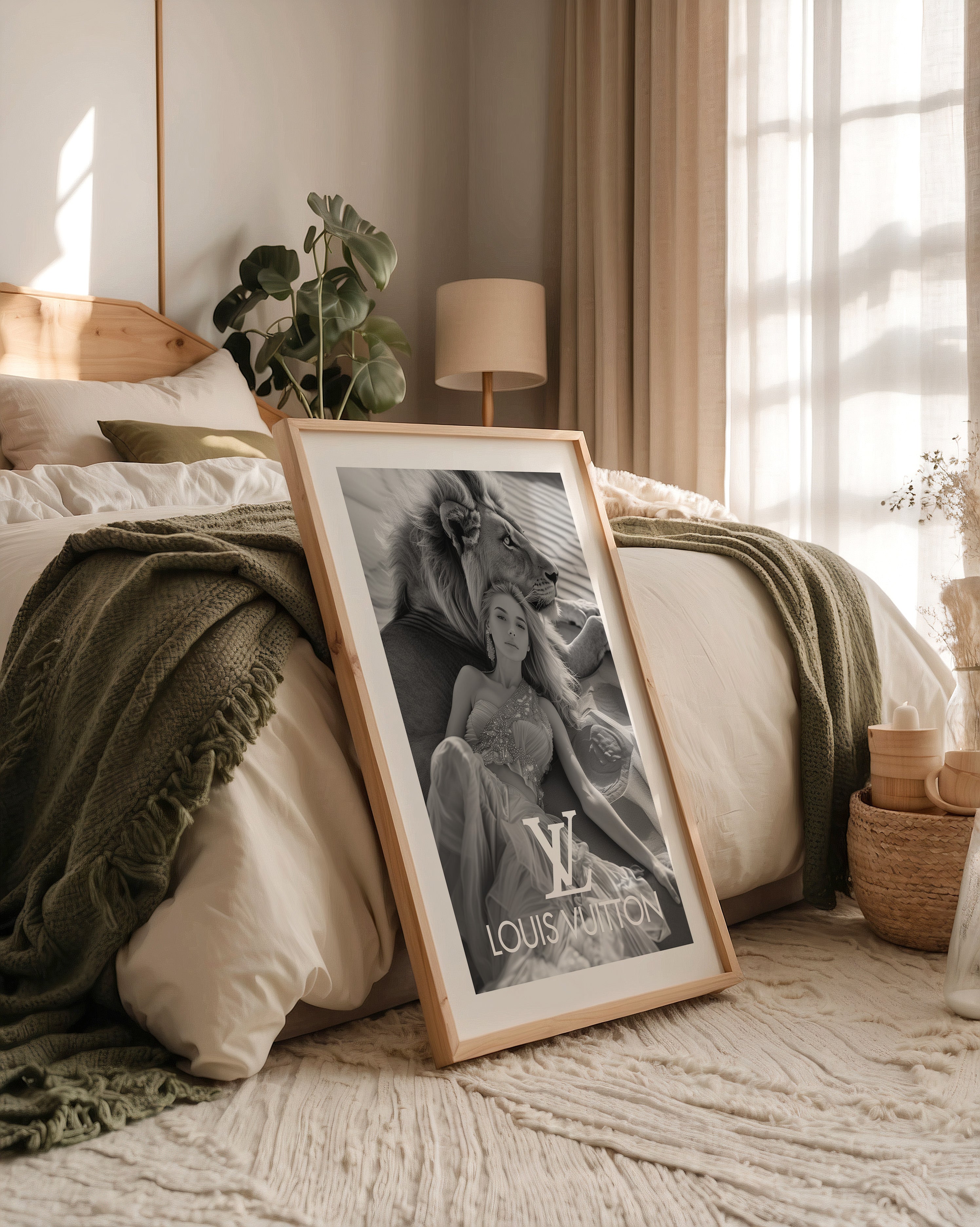 Löwe und Frau Eleganz Wüstenszene