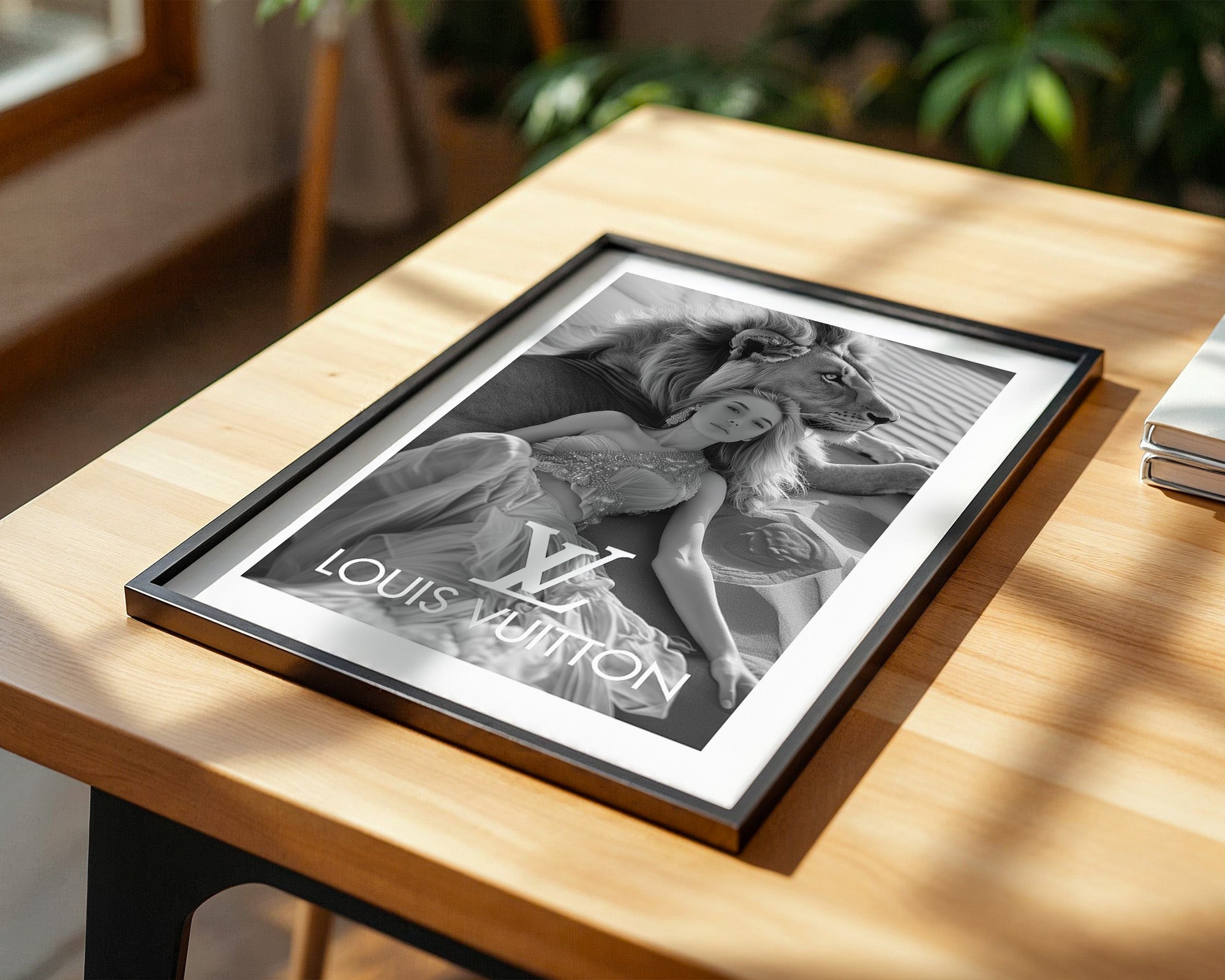 Löwe und Frau Eleganz Wüstenszene