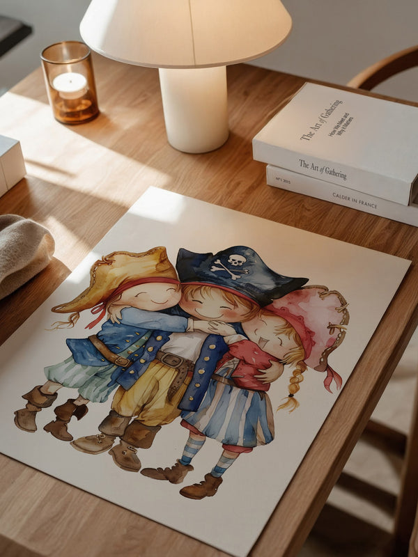Piratenkinder Umarmung Aquarell