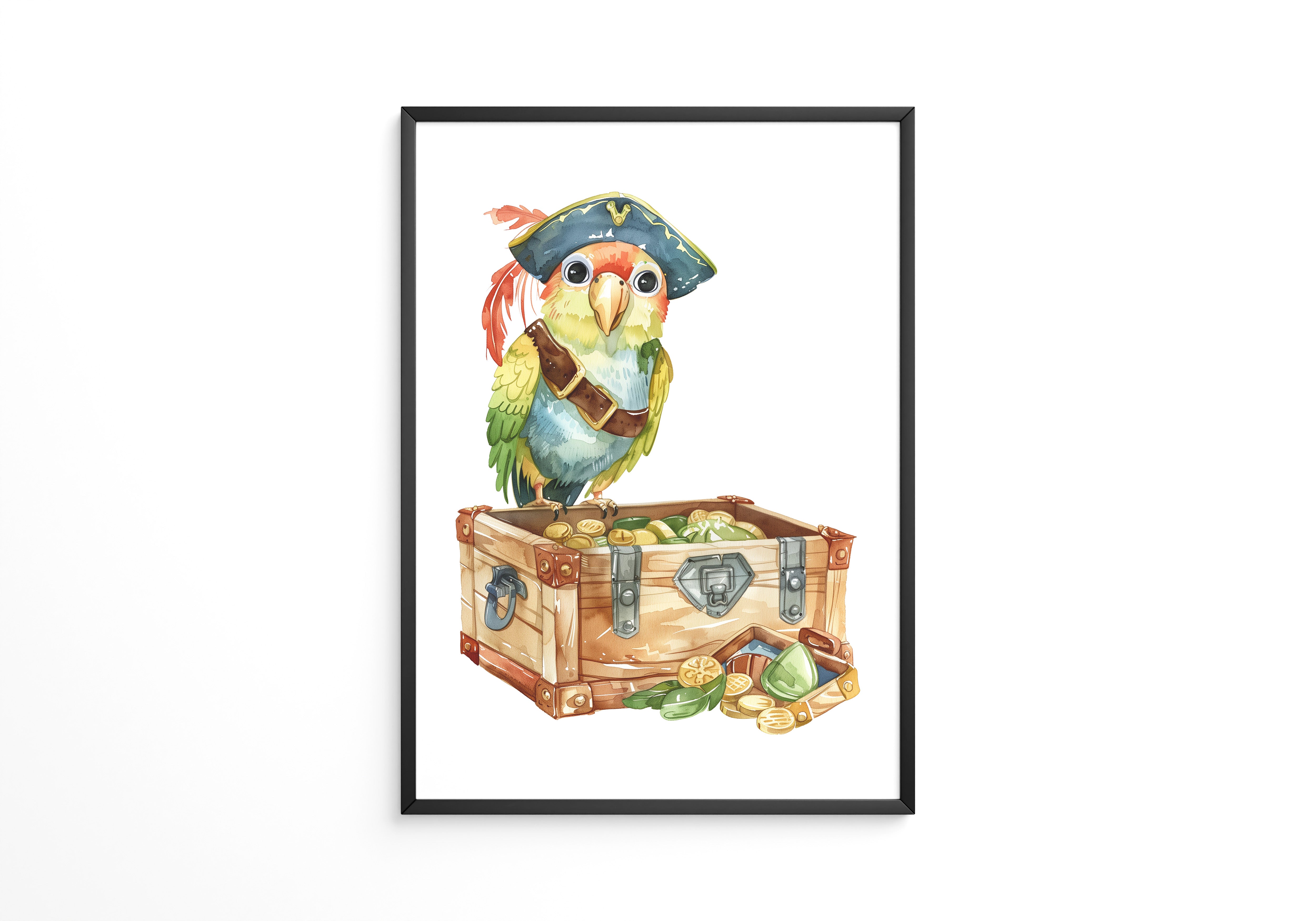 Pirat Papagei Schatztruhe Aquarell