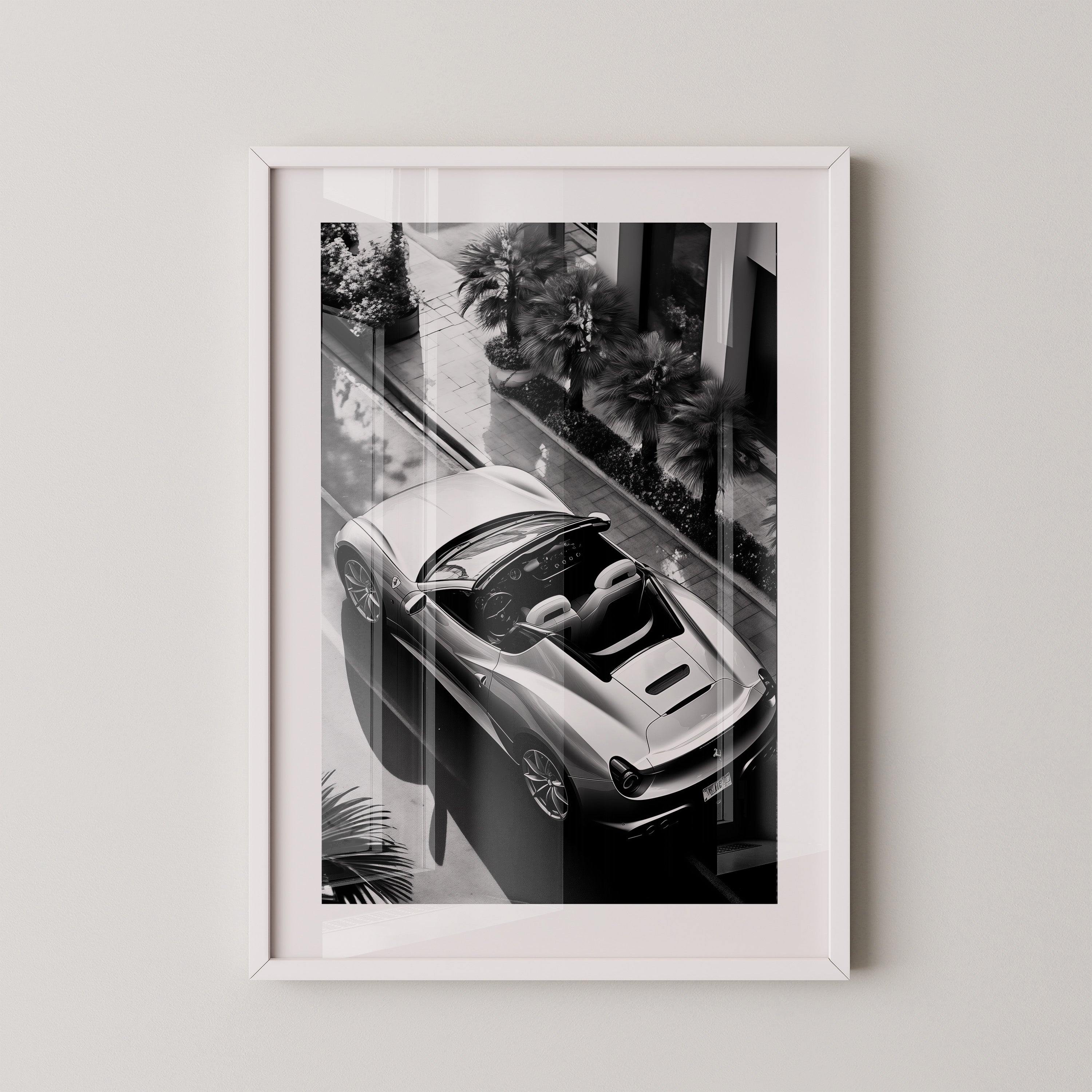 Cabrio Palmen Schwarzweißperspektive