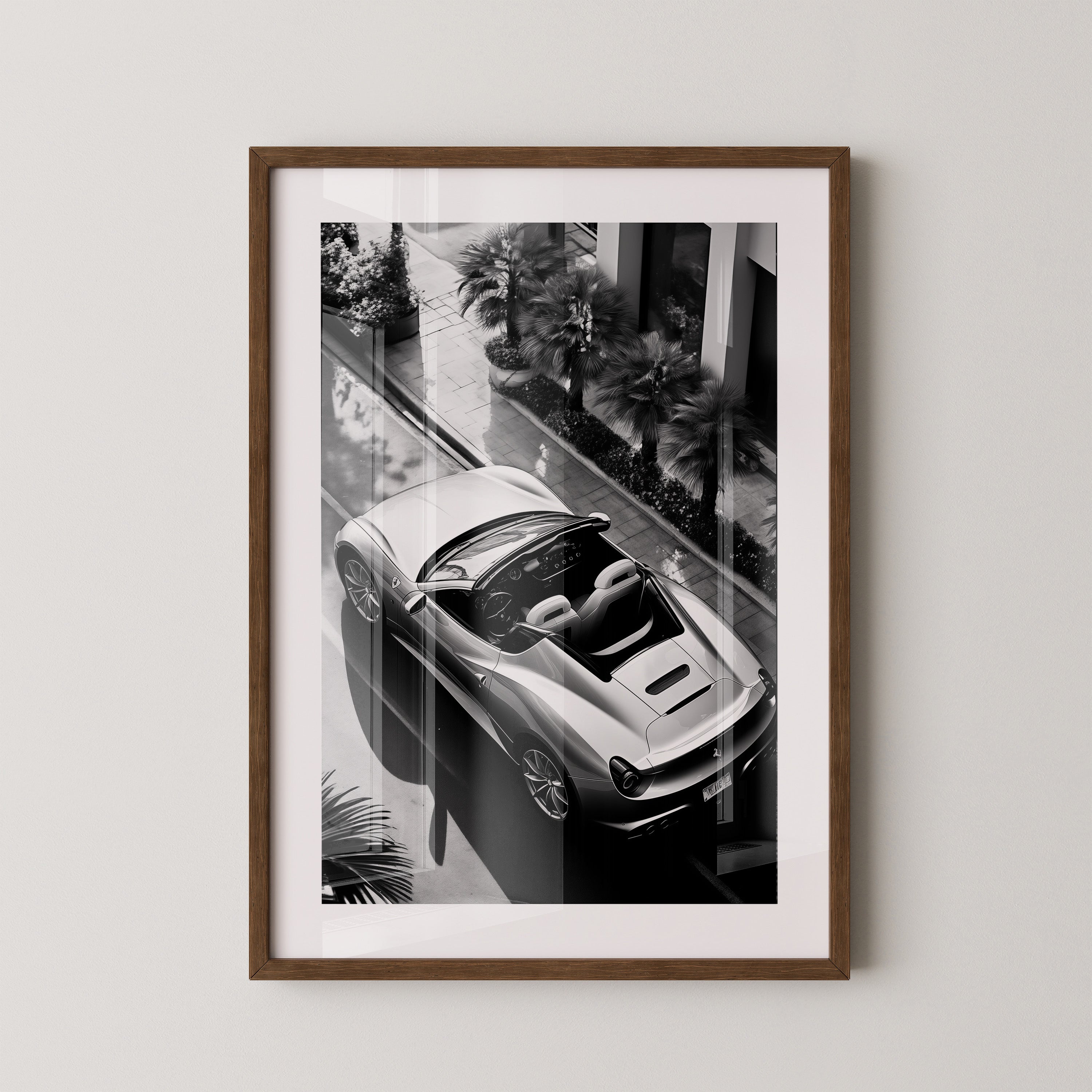 Cabrio Palmen Schwarzweißperspektive