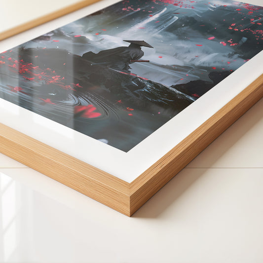 Samurai Wasserfall Kirschblüten Tableau