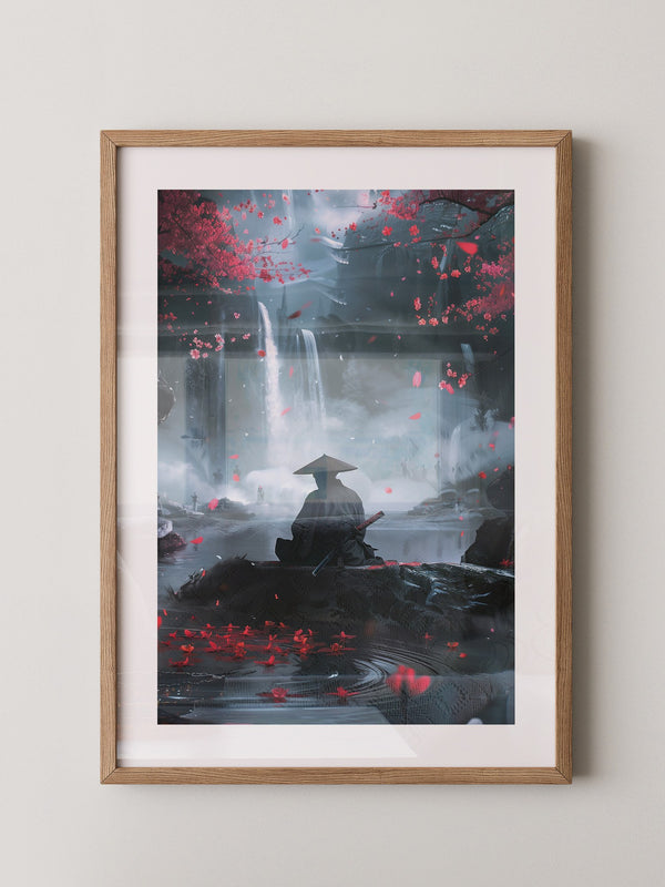 Samurai Wasserfall Kirschblüten Tableau