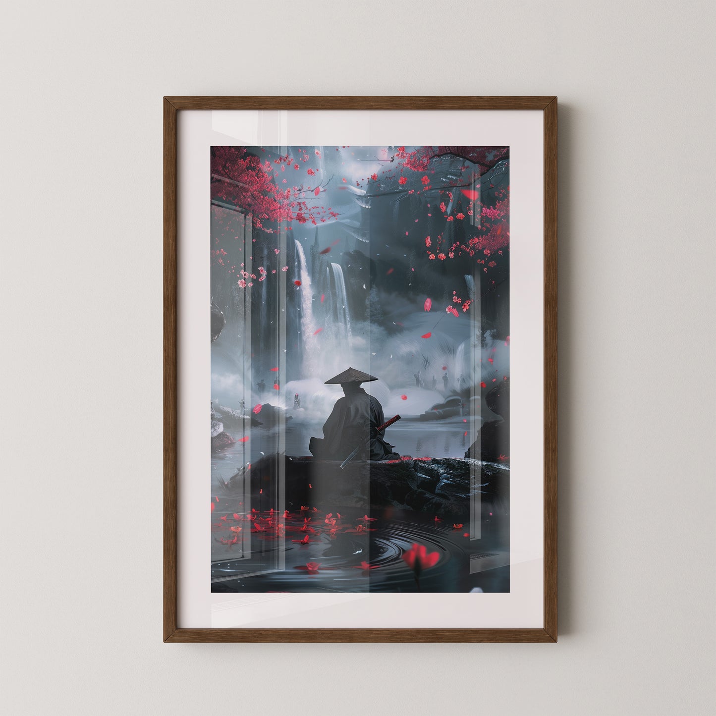 Samurai Wasserfall Kirschblüten Tableau