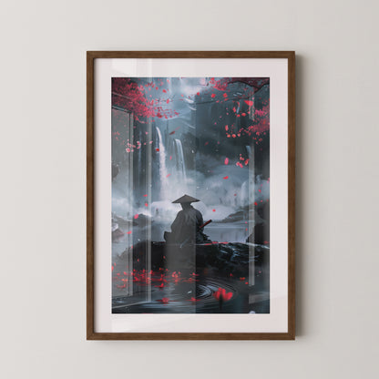 Samurai Wasserfall Kirschblüten Tableau