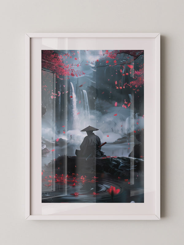 Samurai Wasserfall Kirschblüten Tableau