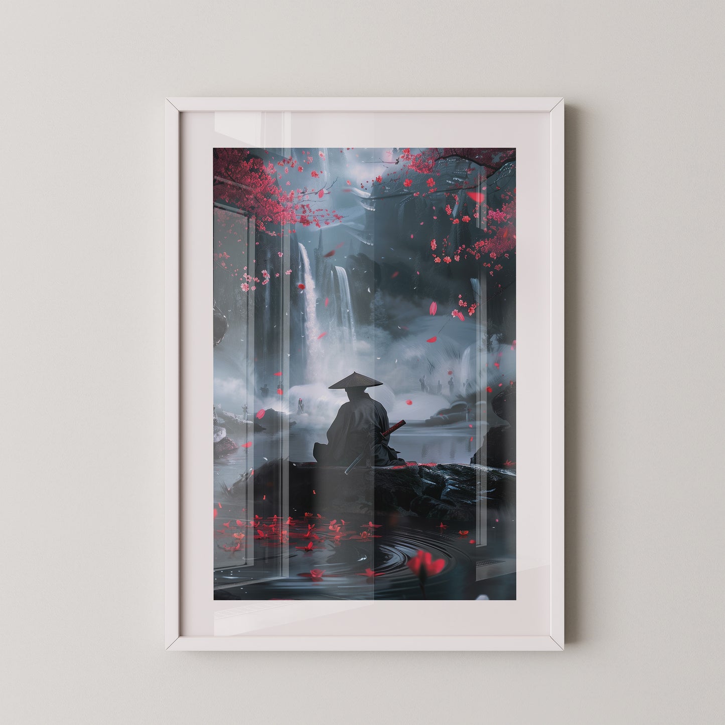 Samurai Wasserfall Kirschblüten Tableau