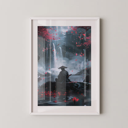 Samurai Wasserfall Kirschblüten Tableau