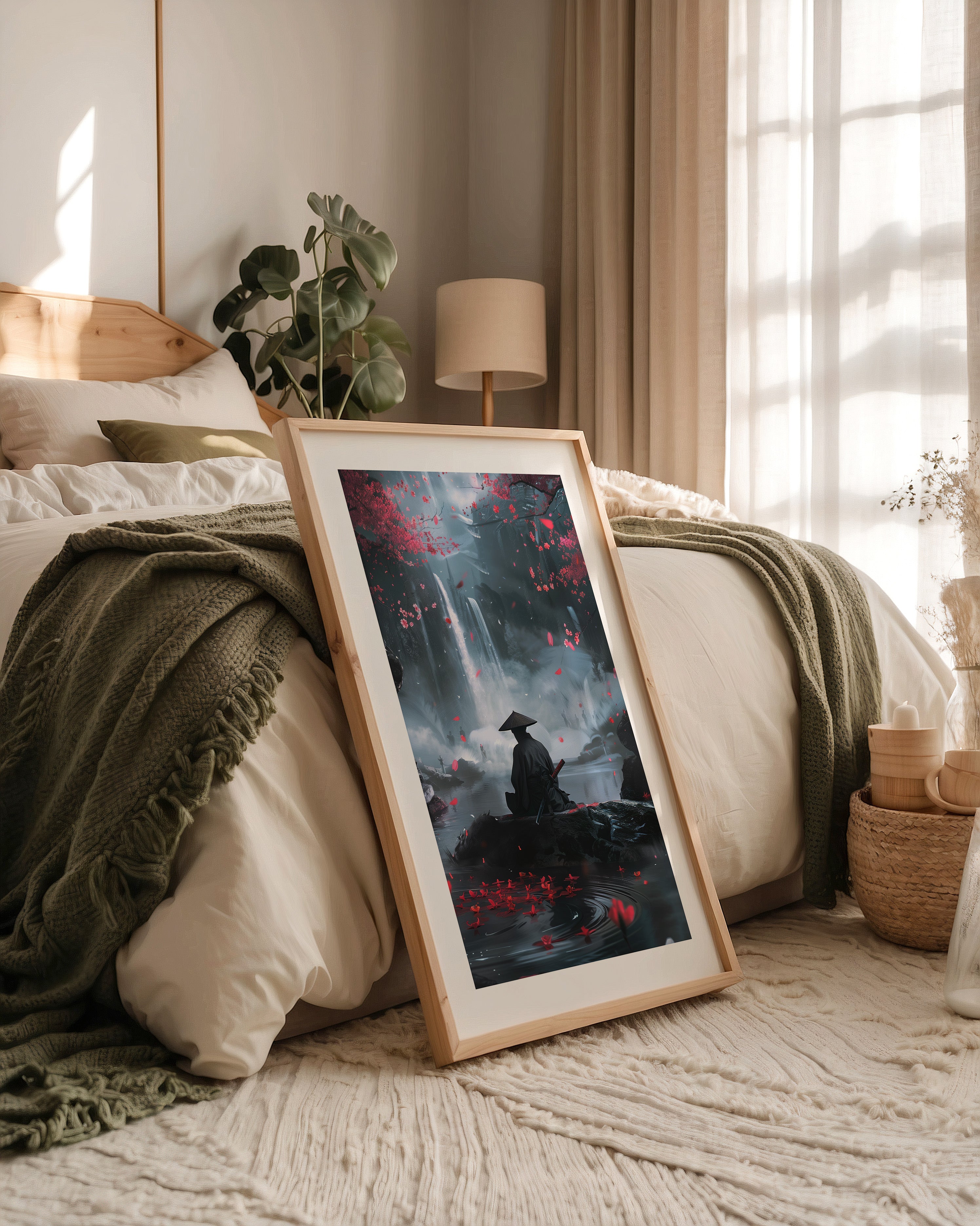 Samurai Wasserfall Kirschblüten Tableau