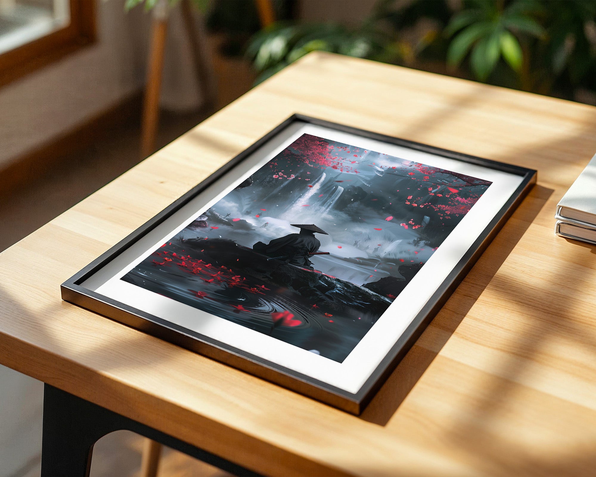 Samurai Wasserfall Kirschblüten Tableau