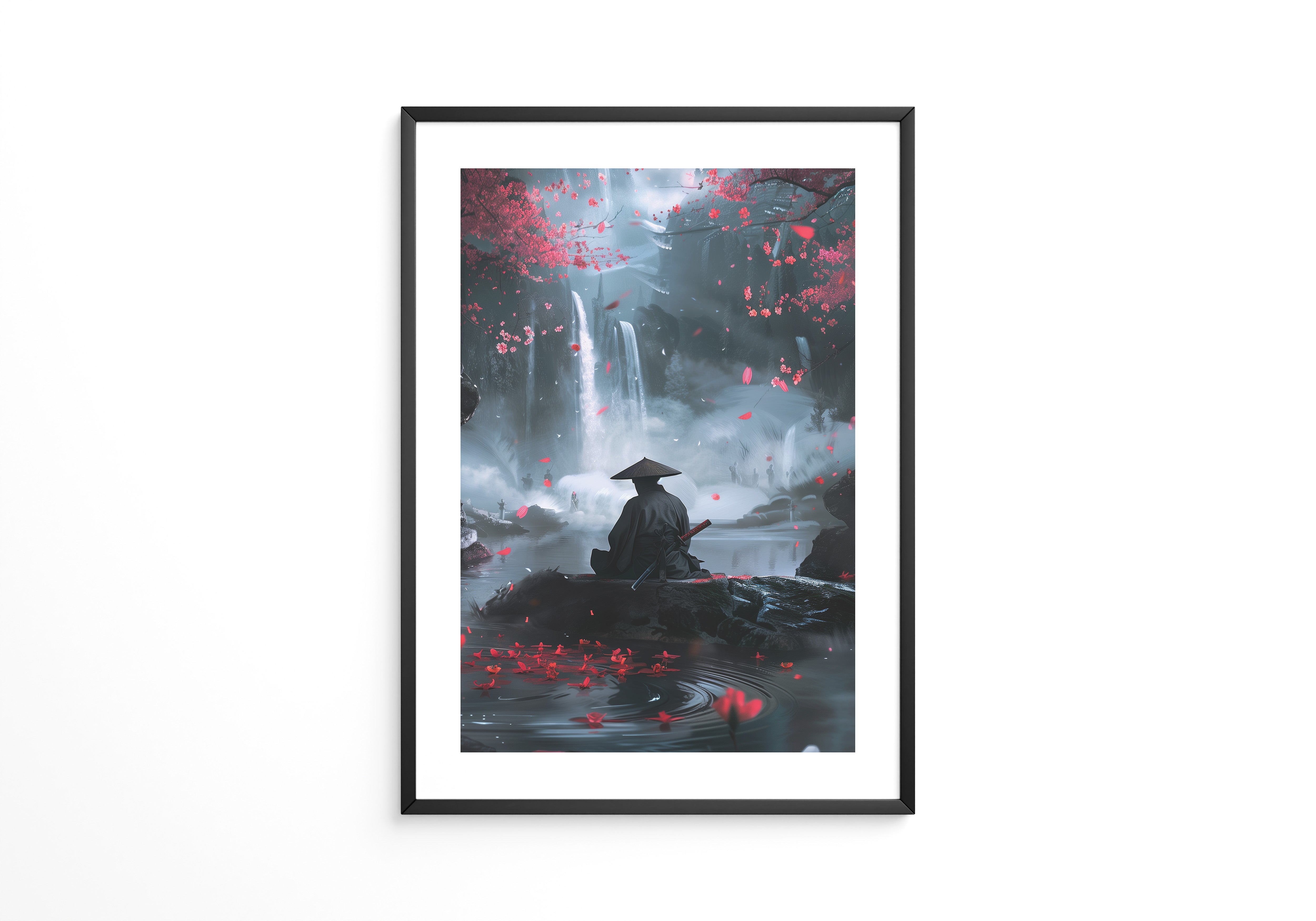 Samurai Wasserfall Kirschblüten Tableau