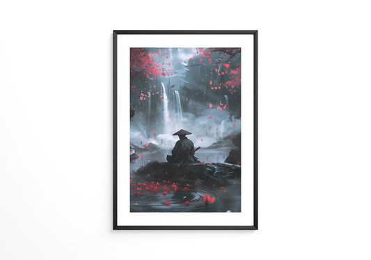 Samurai Wasserfall Kirschblüten Tableau