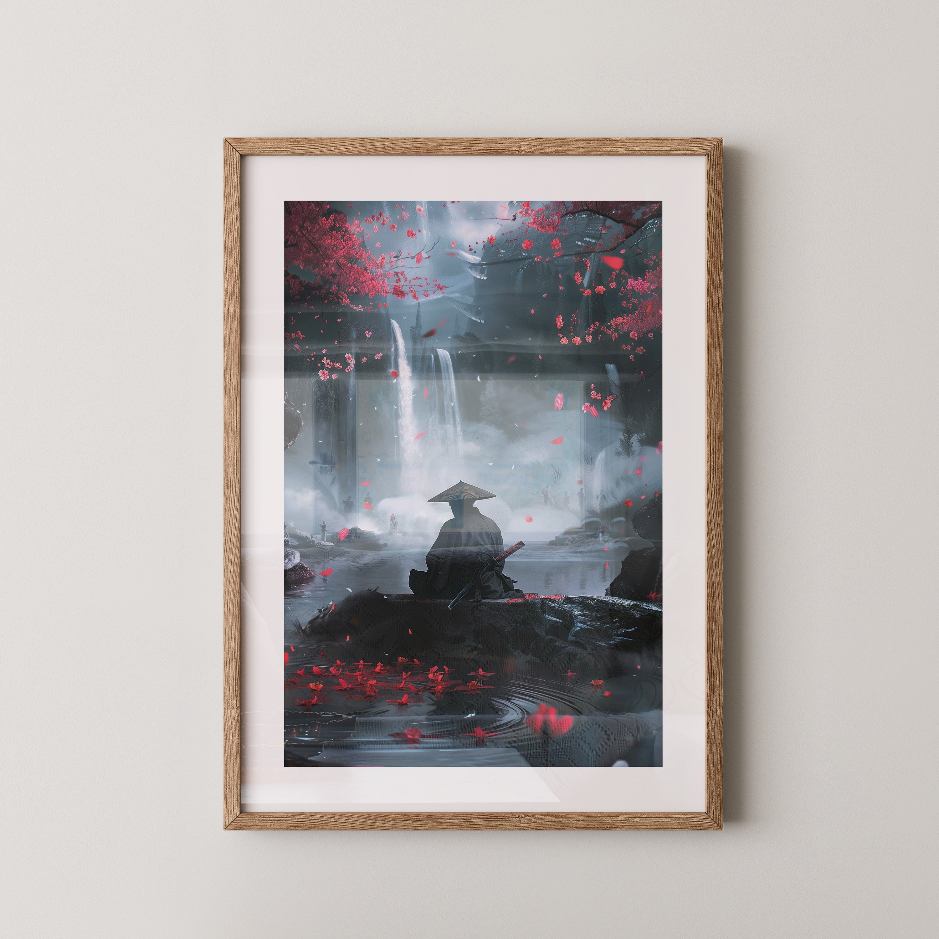 Samurai Wasserfall Kirschblüten Tableau