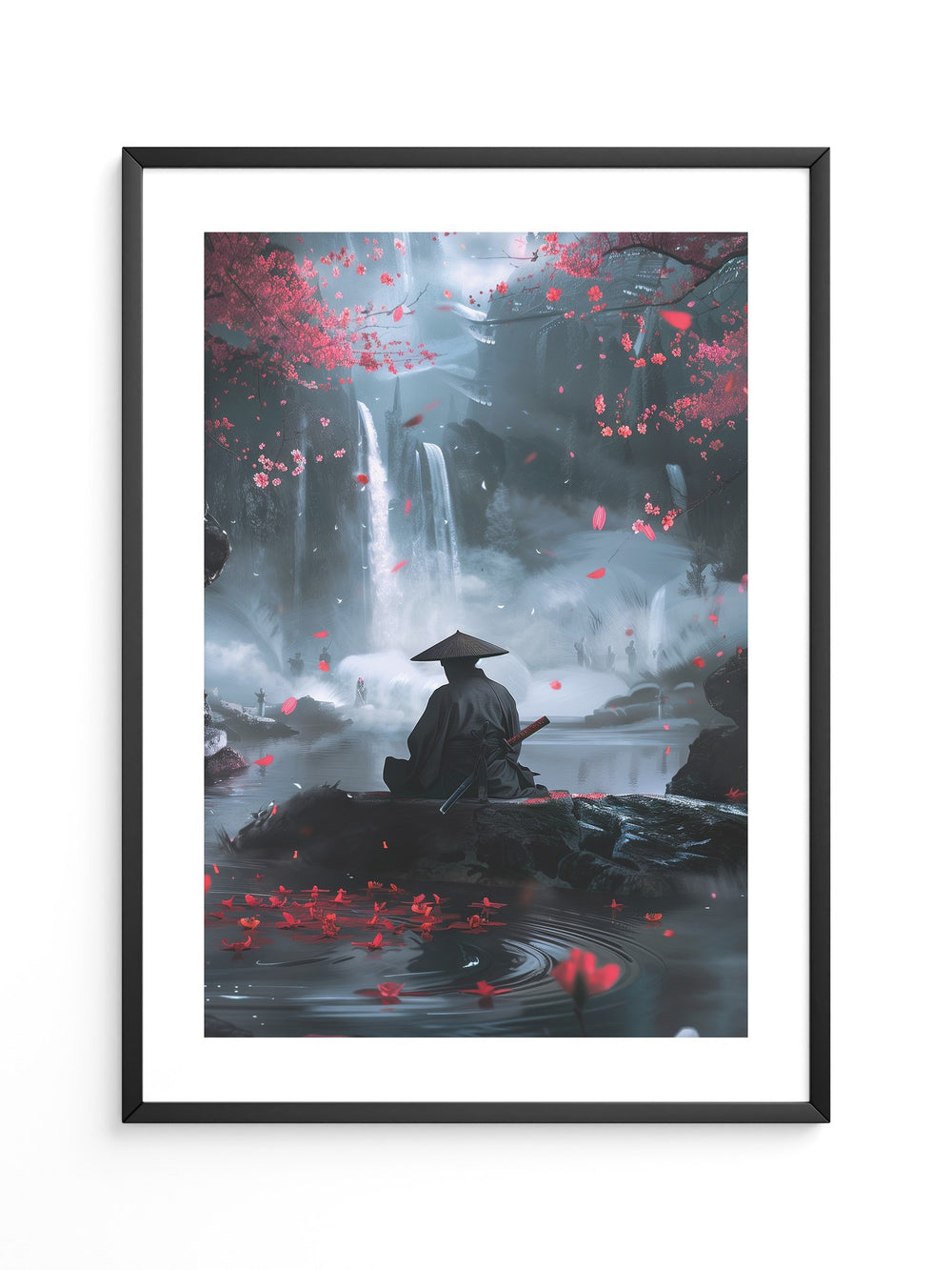 Samurai Wasserfall Kirschblüten Tableau