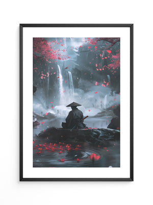 Samurai Wasserfall Kirschblüten Tableau