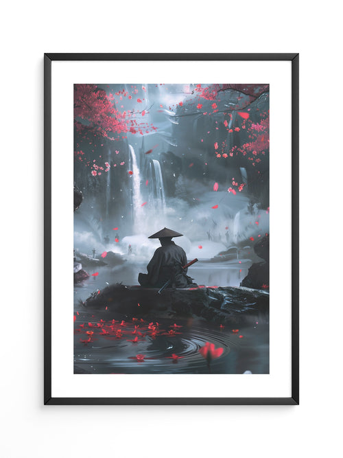 Samurai Wasserfall Kirschblüten Tableau