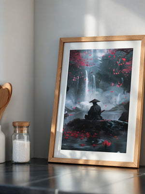 Samurai Wasserfall Kirschblüten Tableau