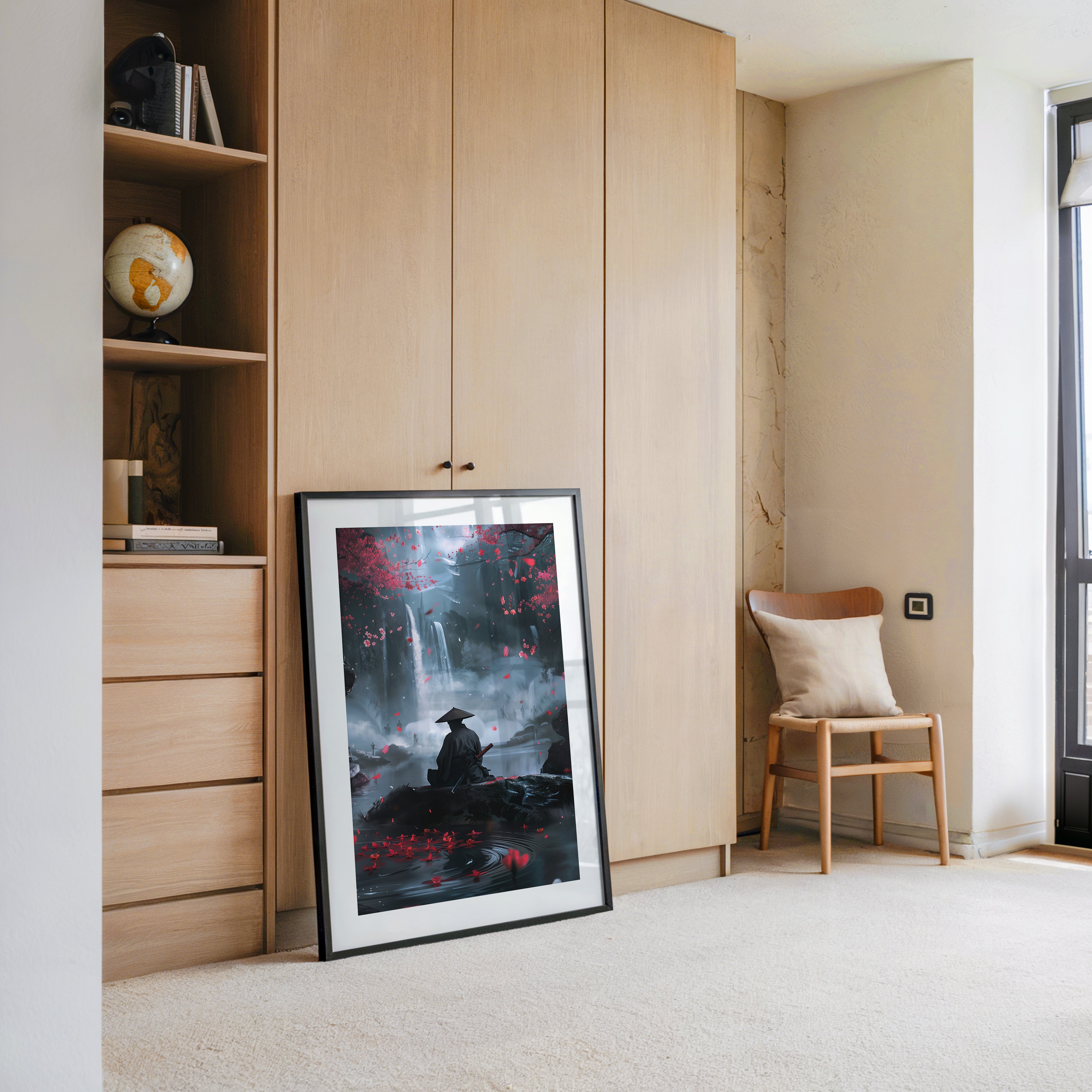 Samurai Wasserfall Kirschblüten Tableau