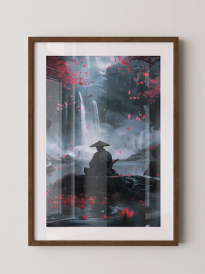 Samurai Wasserfall Kirschblüten Tableau