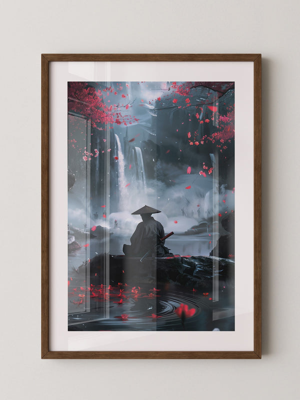 Samurai Wasserfall Kirschblüten Tableau