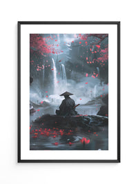 Samurai Wasserfall Kirschblüten Tableau