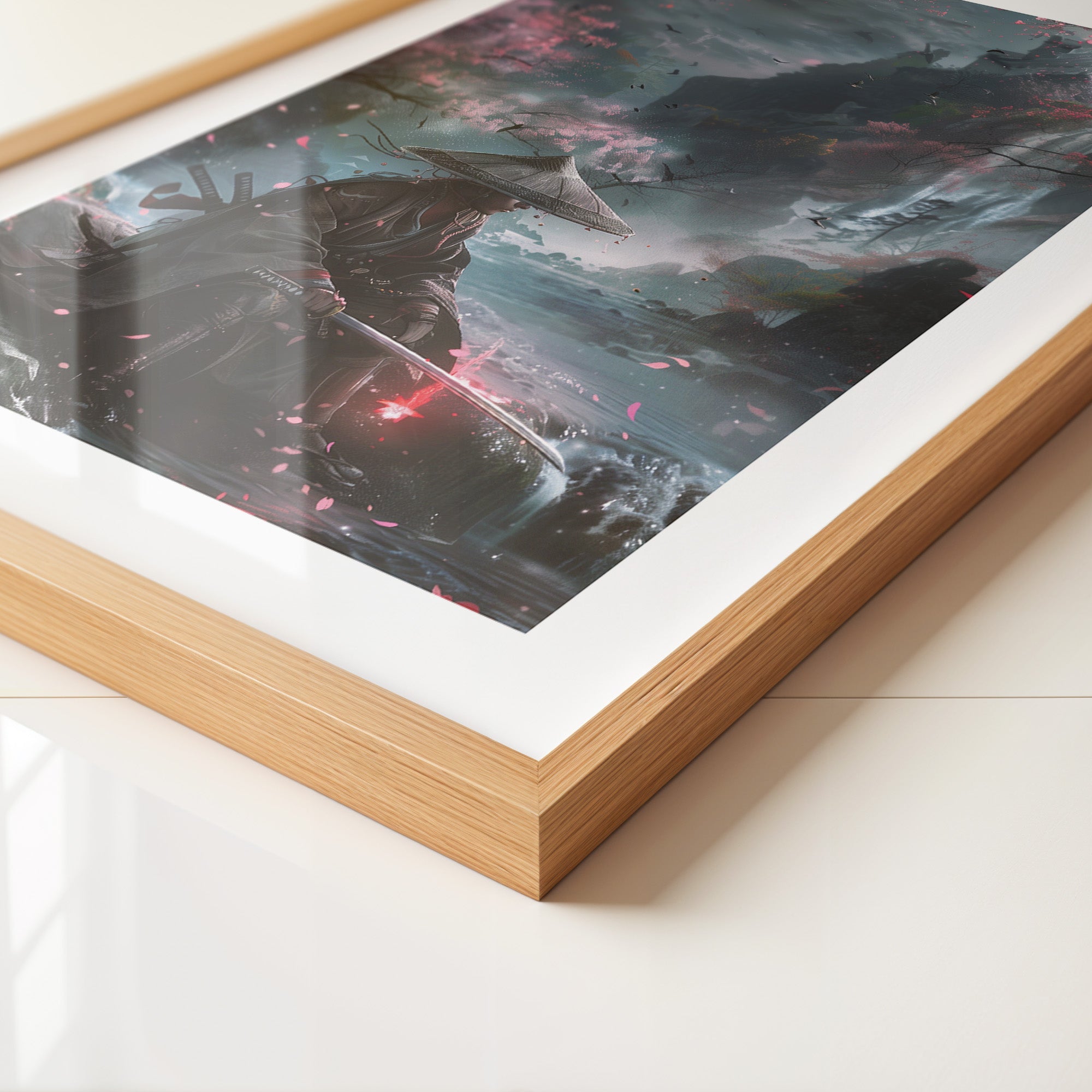 Samurai Fluss Kirschblüten Fantasy