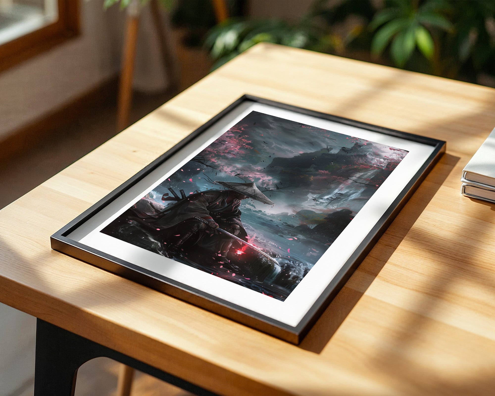 Samurai Fluss Kirschblüten Fantasy