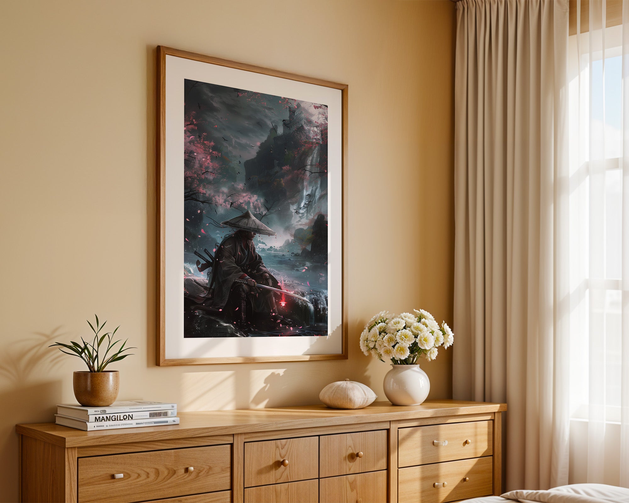 Samurai Fluss Kirschblüten Fantasy