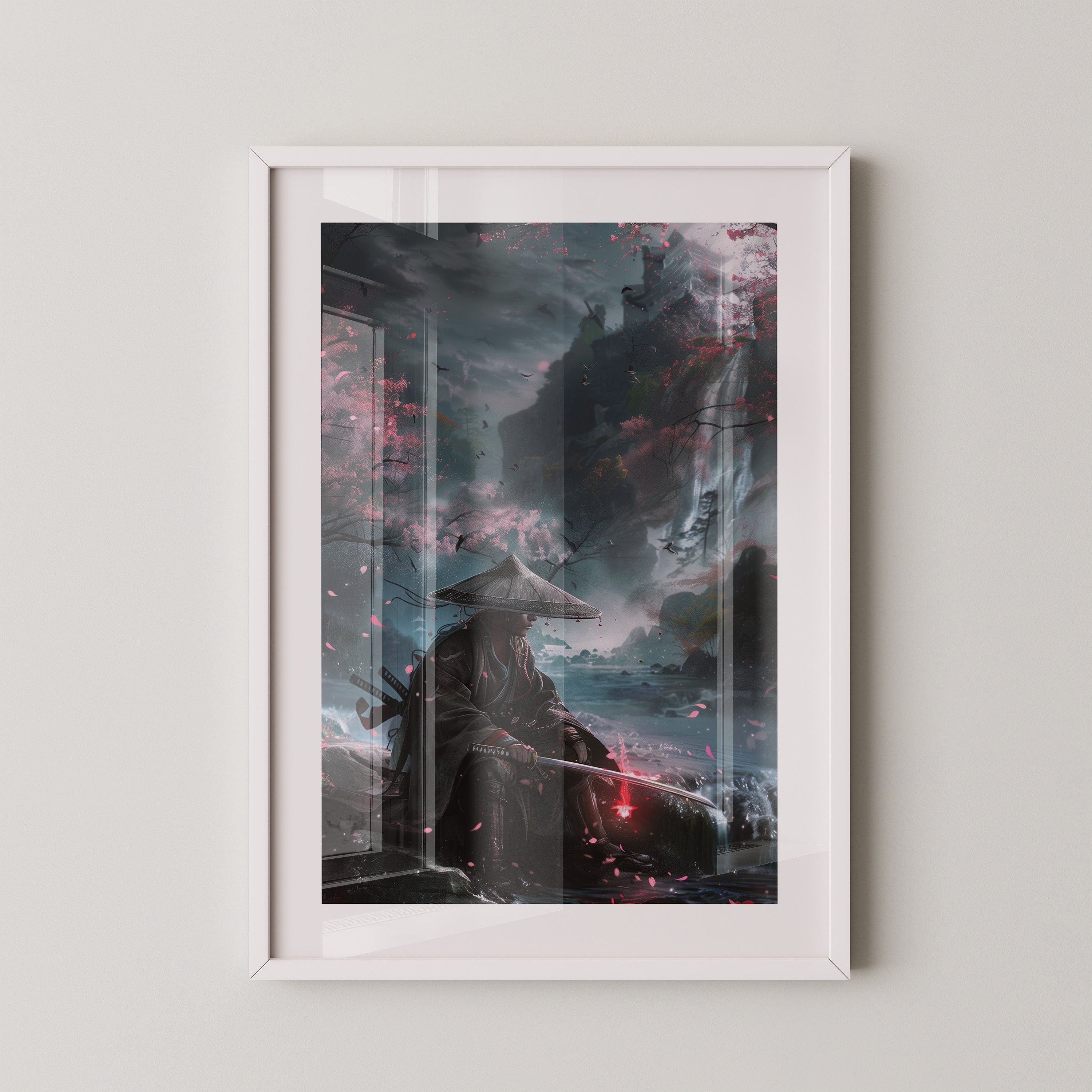 Samurai Fluss Kirschblüten Fantasy