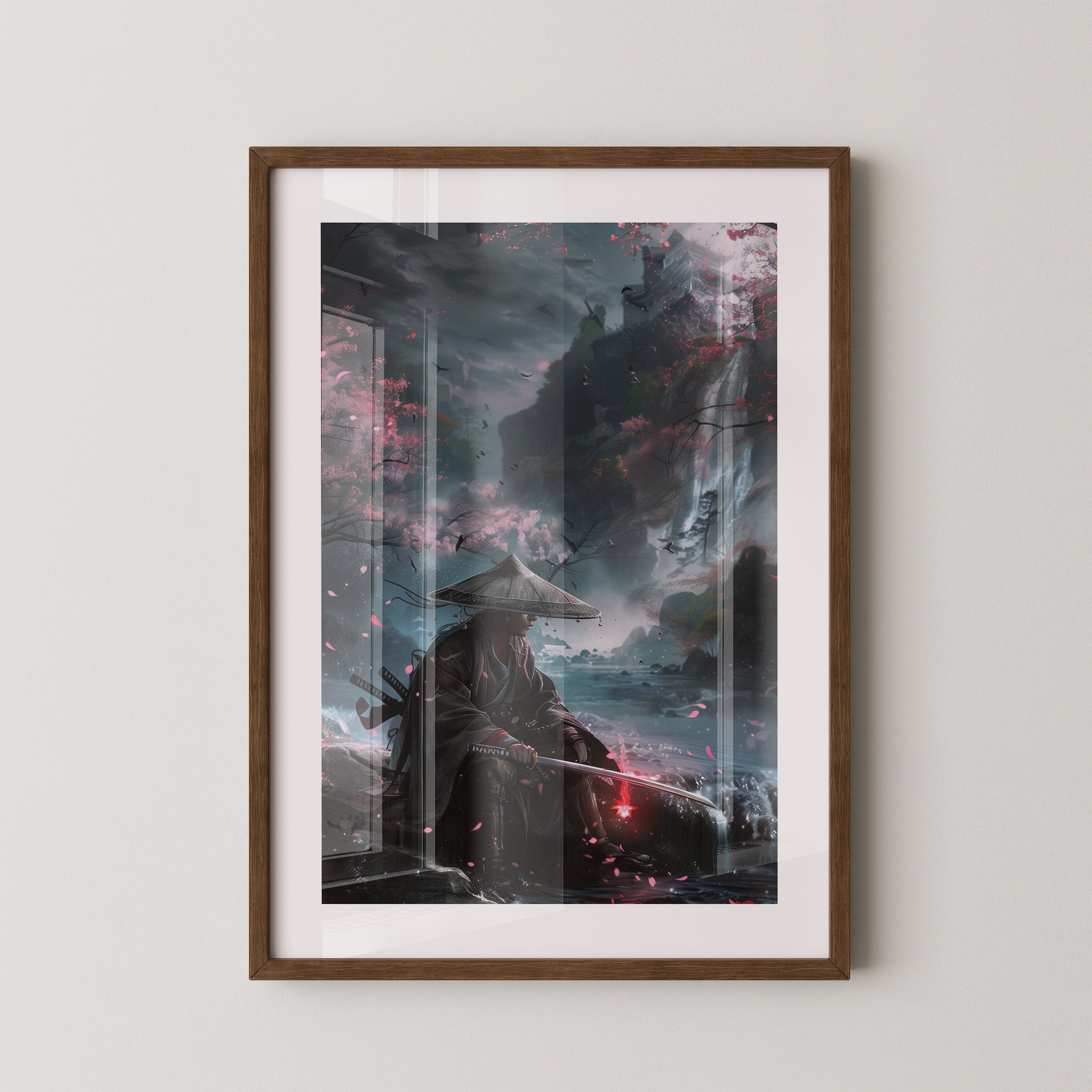 Samurai Fluss Kirschblüten Fantasy