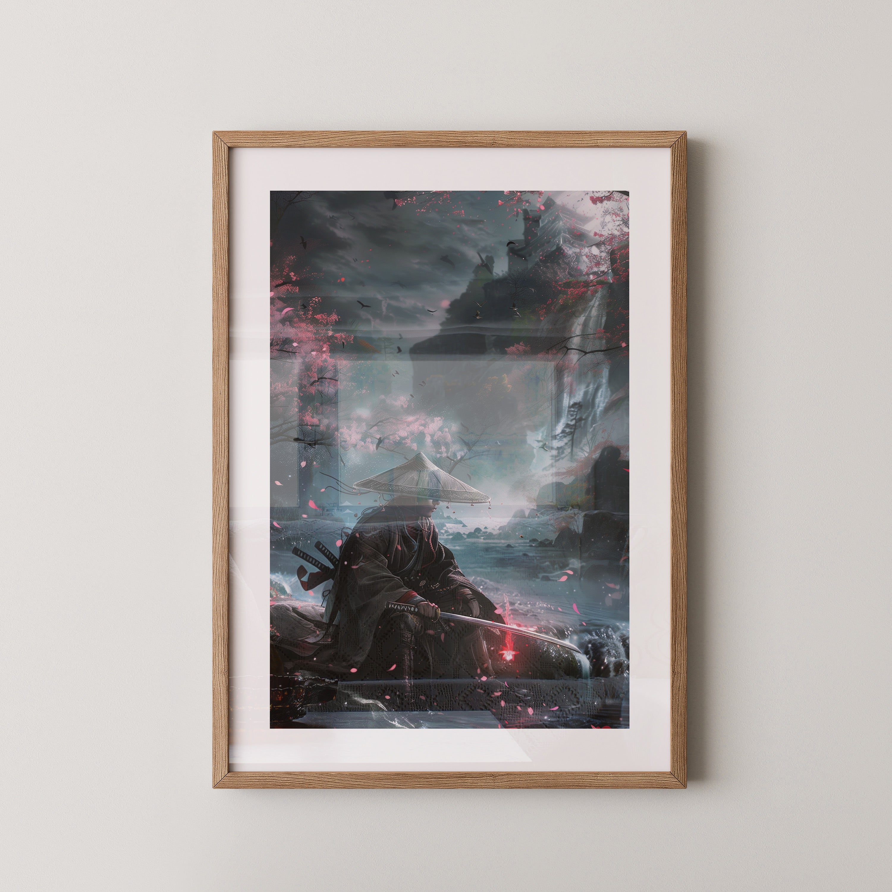 Samurai Fluss Kirschblüten Fantasy