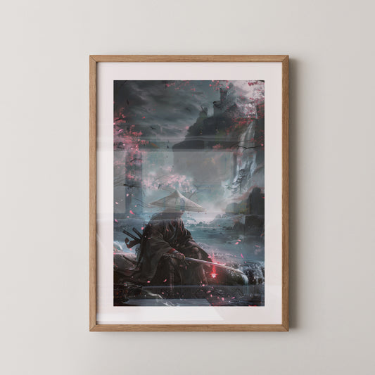 Samurai Fluss Kirschblüten Fantasy