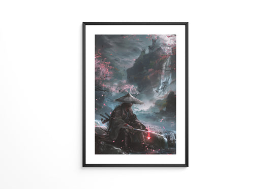 Samurai Fluss Kirschblüten Fantasy
