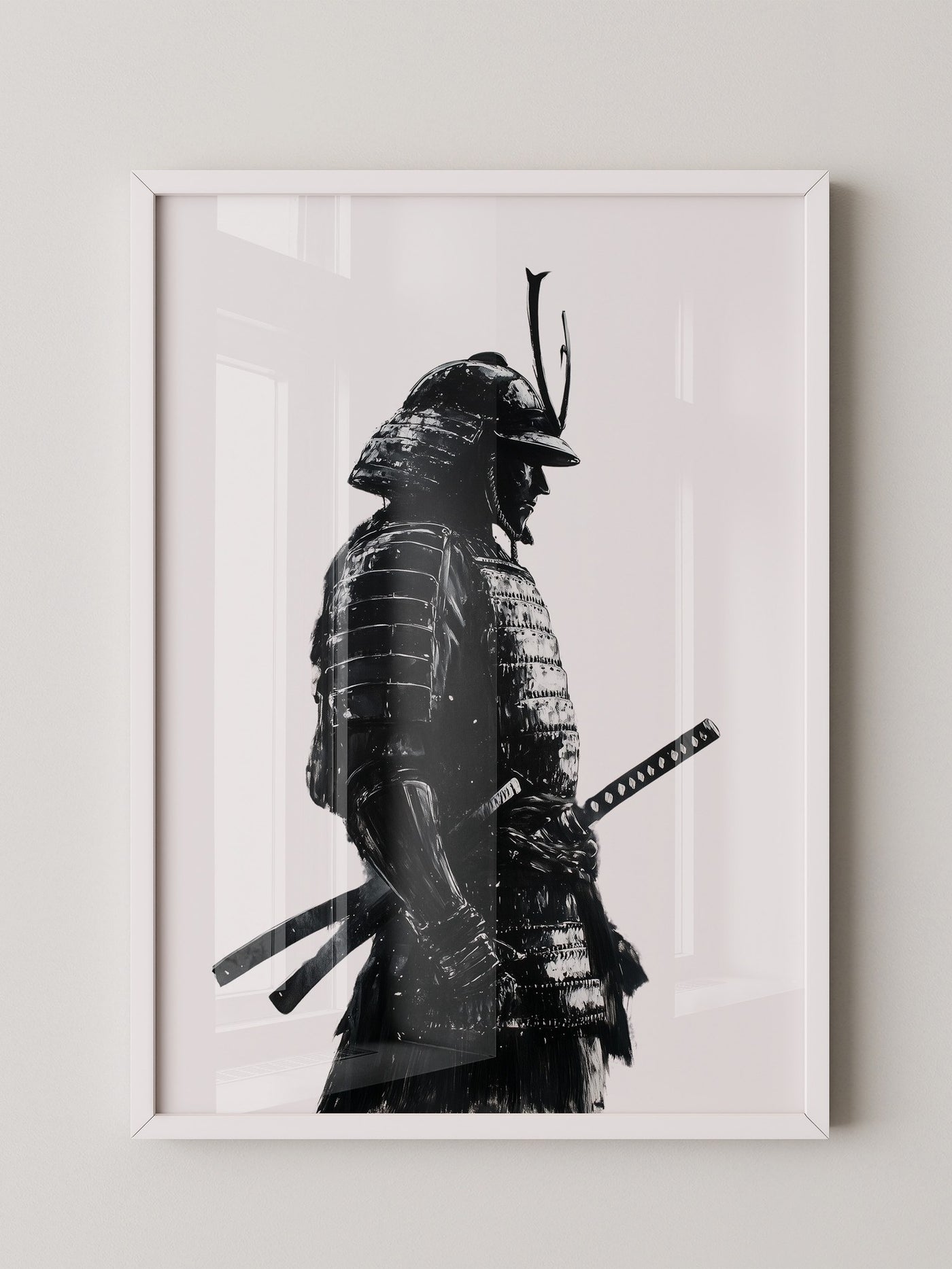 Samurai in Rüstung – Tuschzeichnung in Schwarz-Weiß