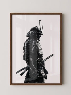 Samurai in Rüstung – Tuschzeichnung in Schwarz-Weiß