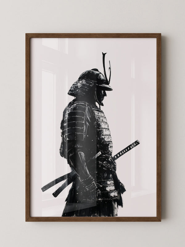 Samurai in Rüstung – Tuschzeichnung in Schwarz-Weiß