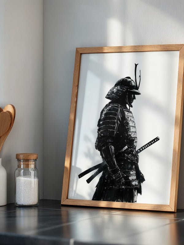 Samurai in Rüstung – Tuschzeichnung in Schwarz-Weiß