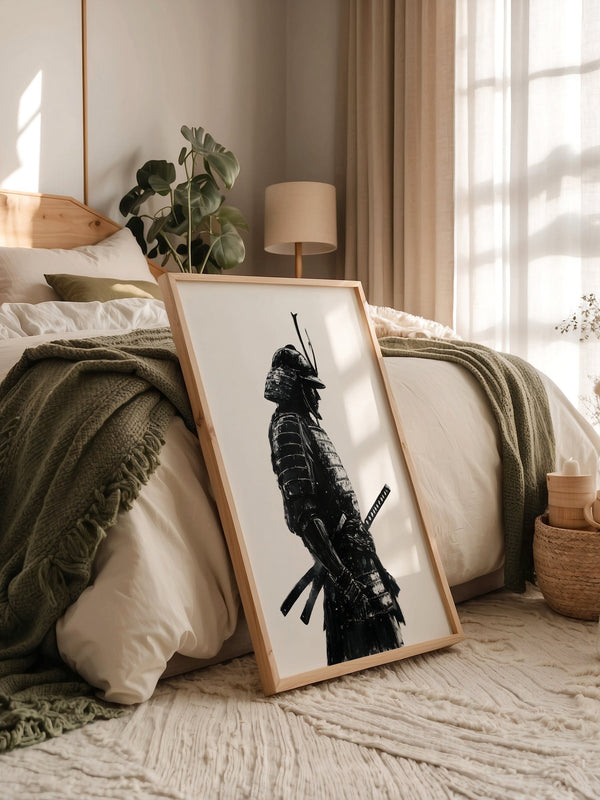 Samurai in Rüstung – Tuschzeichnung in Schwarz-Weiß
