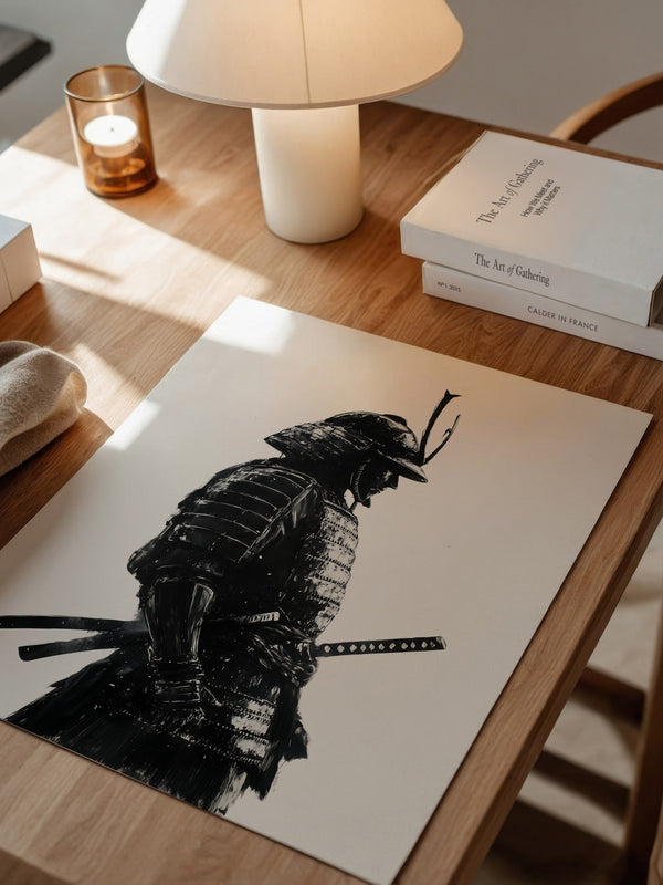 Samurai in Rüstung – Tuschzeichnung in Schwarz-Weiß