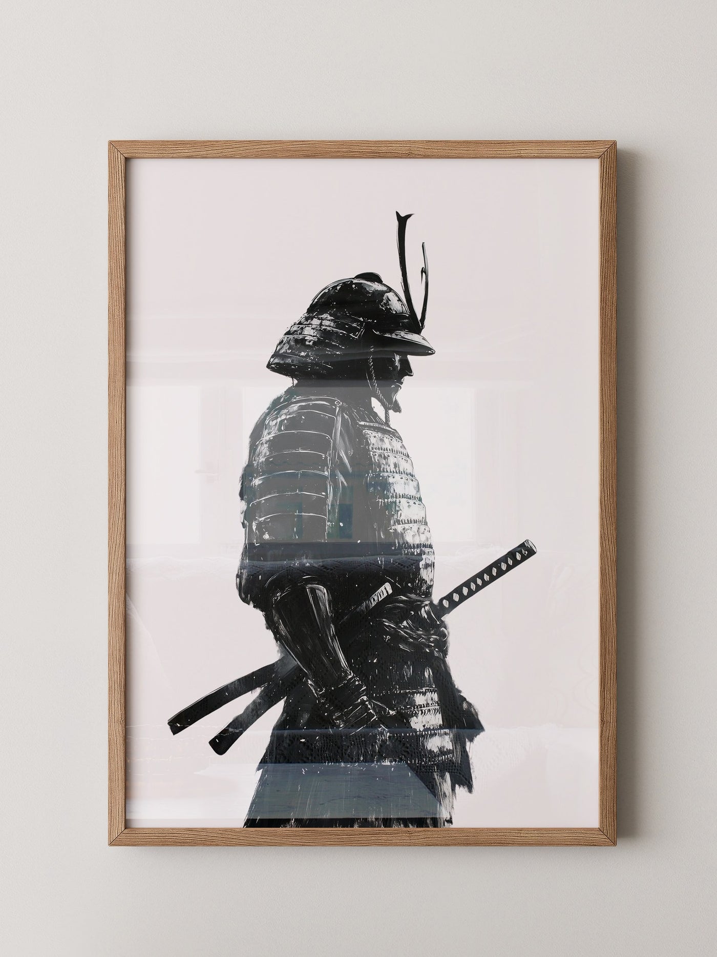 Samurai in Rüstung – Tuschzeichnung in Schwarz-Weiß