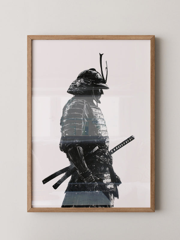 Samurai in Rüstung – Tuschzeichnung in Schwarz-Weiß