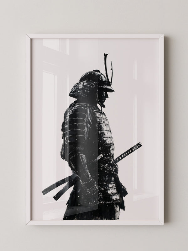 Samurai in Rüstung – Tuschzeichnung in Schwarz-Weiß