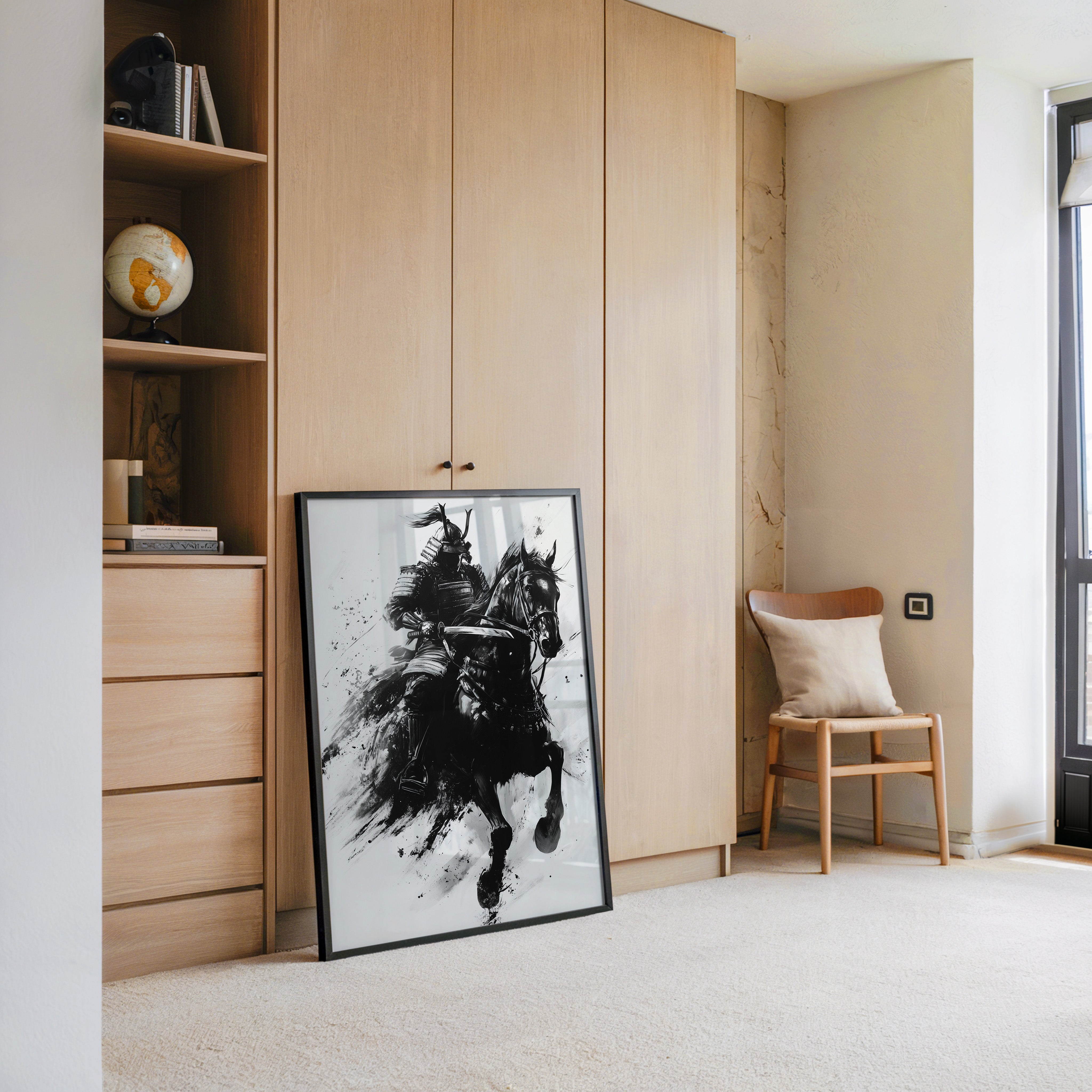 Samurai auf Pferd Tuschekunst