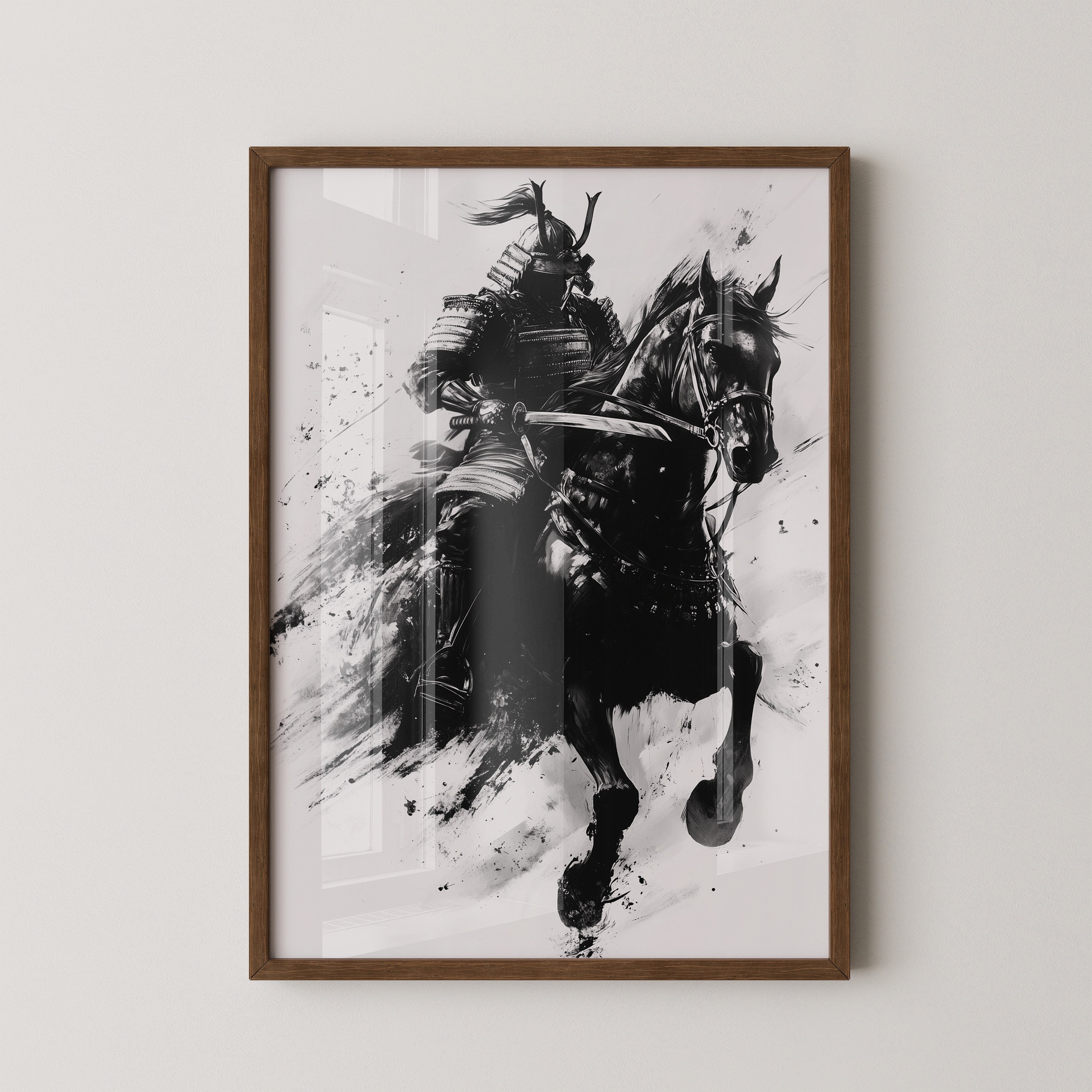 Samurai auf Pferd Tuschekunst