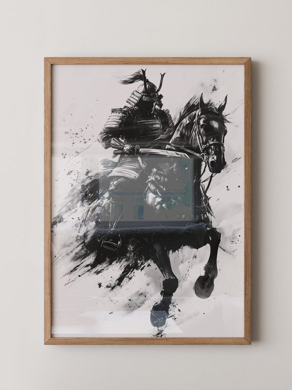 Samurai auf Pferd Tuschekunst