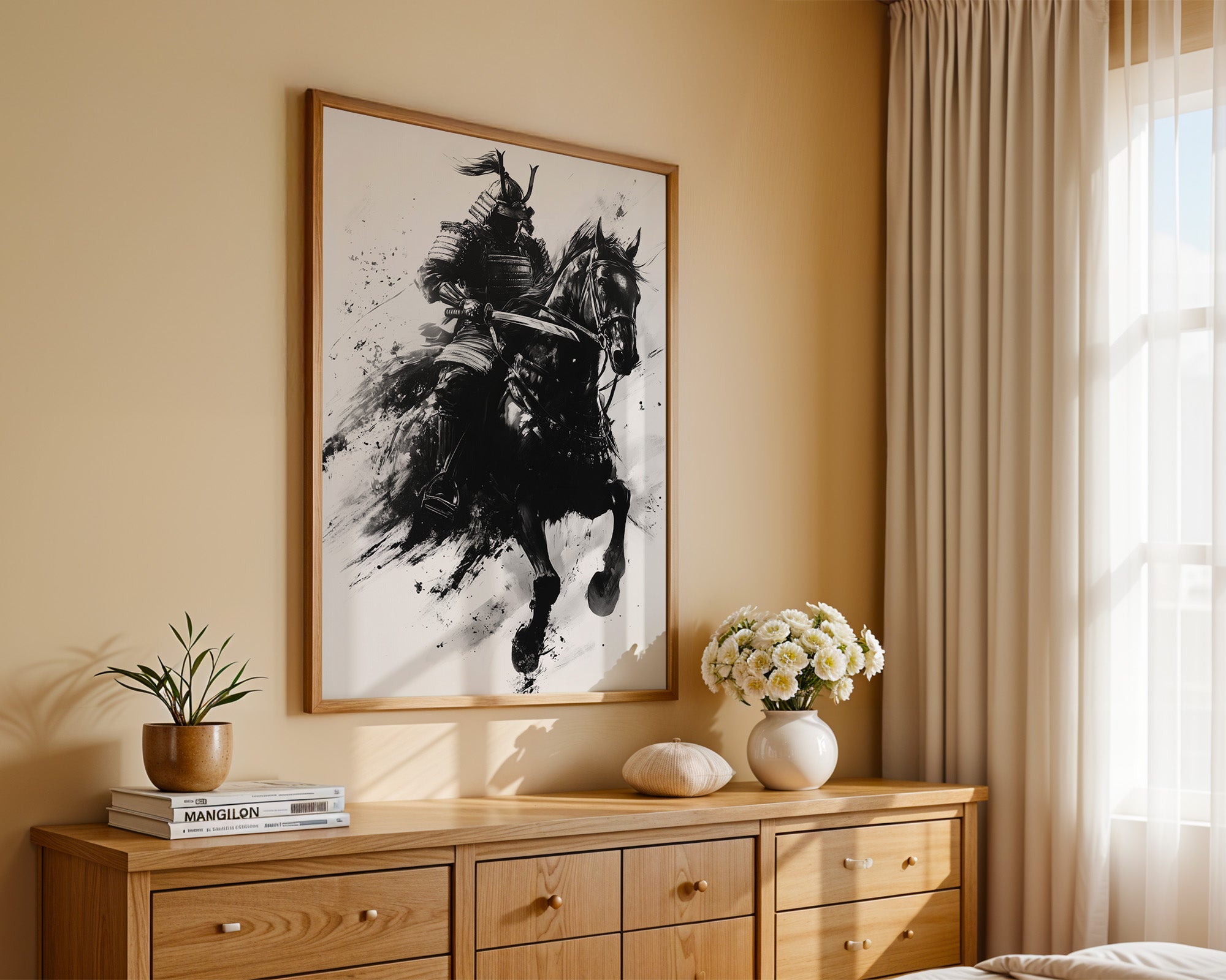 Samurai auf Pferd Tuschekunst