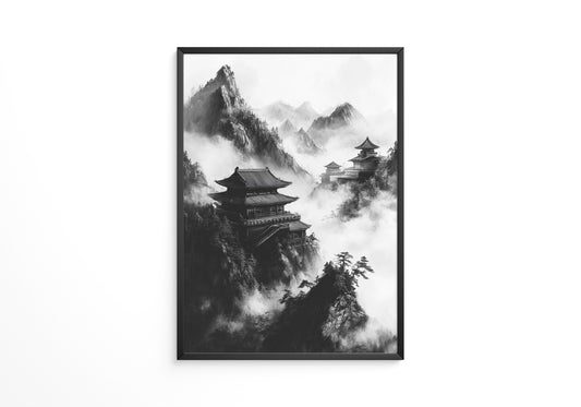 Tempel in Bergnebel S/W