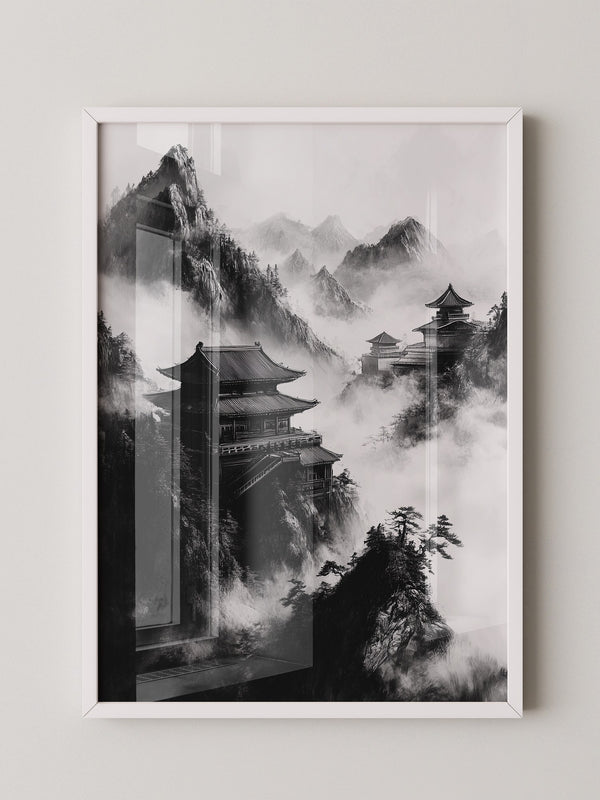 Tempel in Bergnebel S/W